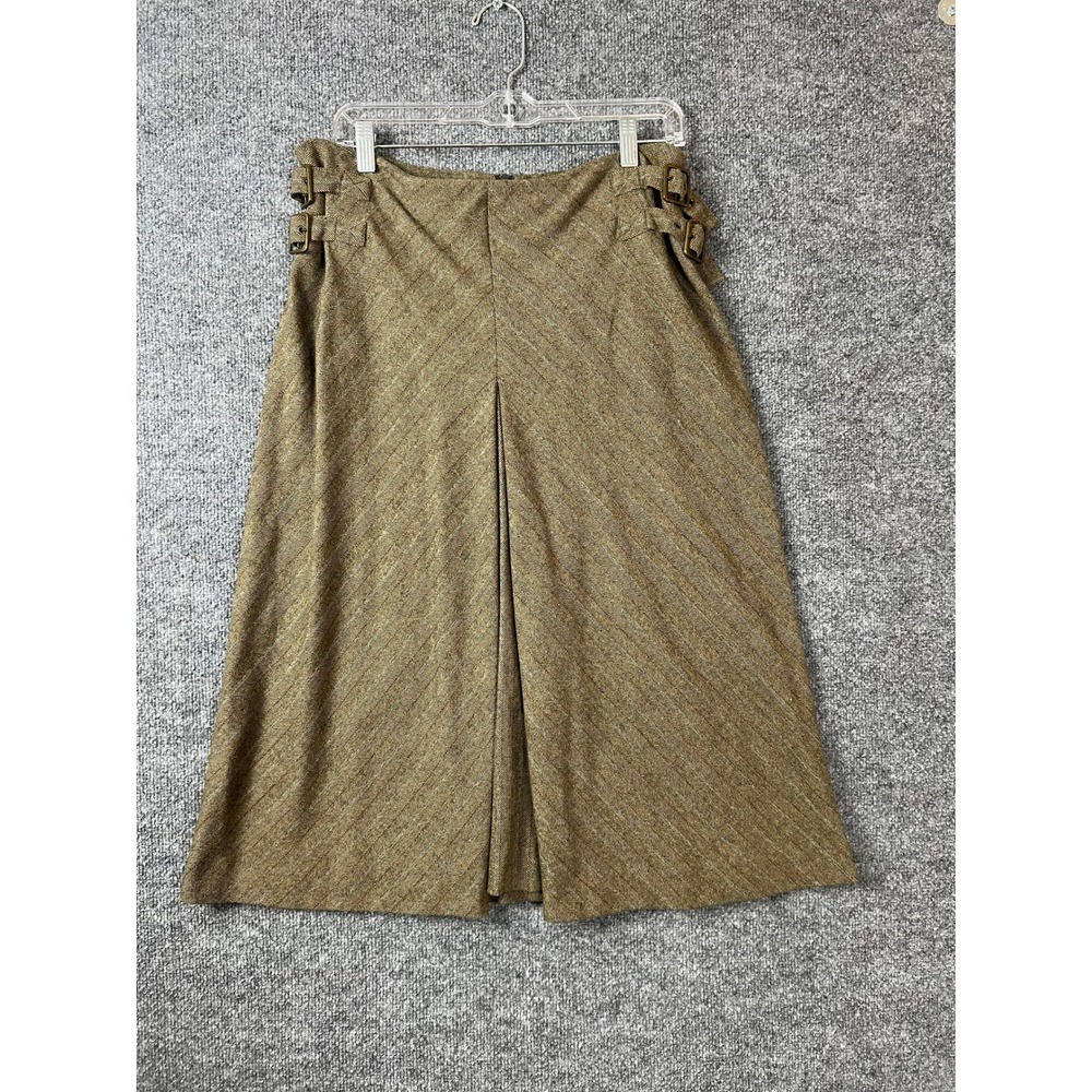 Les Copains Women‎ Skirt L Green Herringbone Wool Blend A-Line Side Buckle Twee